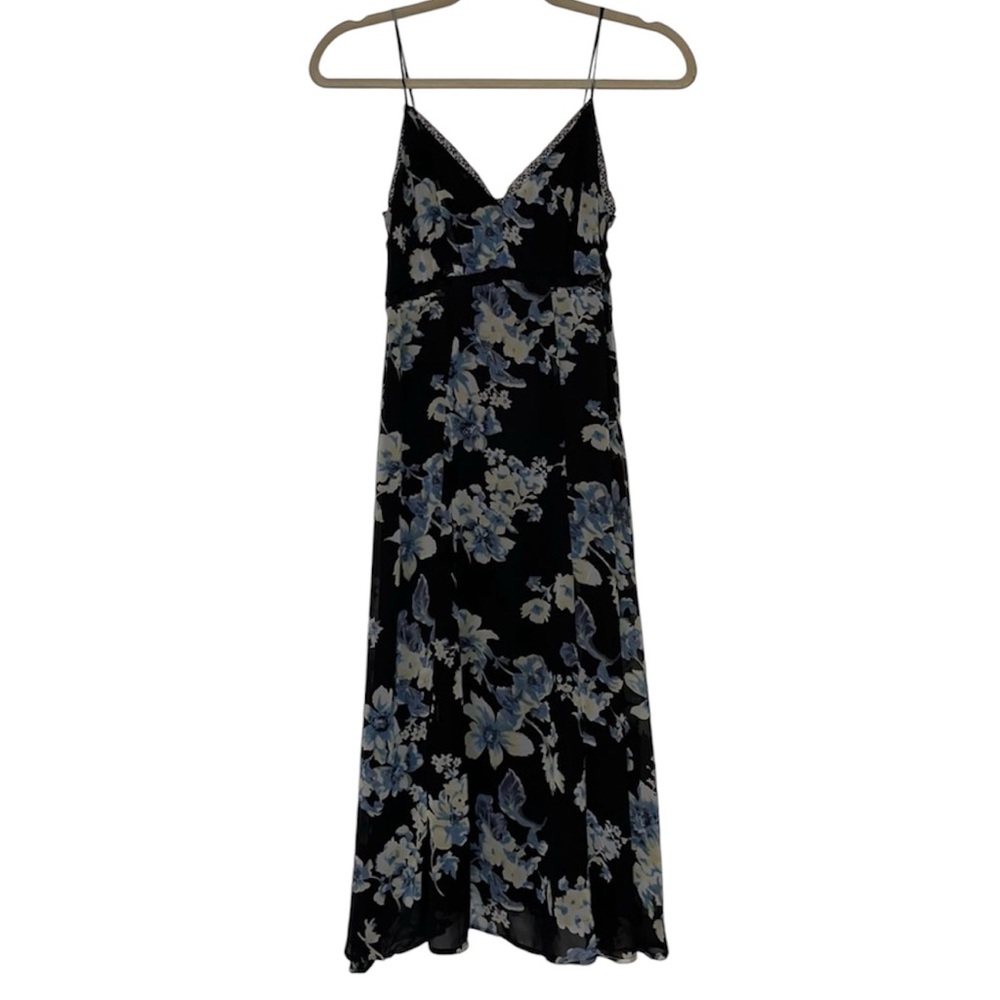 Soprano Black Floral Maxi Slip Dress with Blue and Cream Flowers